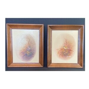 Vintage Framed Bird Art Prints Set of 2 Brown Wooden Frames Nature Wall Decor Si